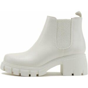 〽️Women's White Soda Pioneer Lug Sole Mid Heel Chelsea Ankle Gore Bootie